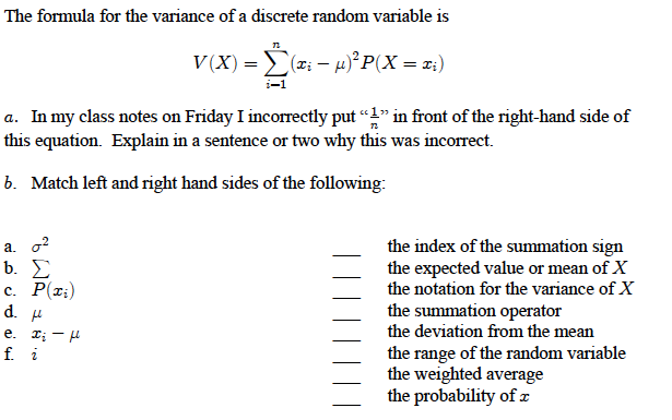 Solved The formula for the variance of a discrete random | Chegg.com