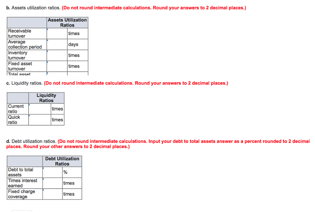 Solved b. Assets utilization ratios. (Do not round