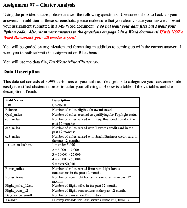 Assignment #7 - Cluster Analysis Using the provided dataset, please answer the following questions. Use screen shots to back