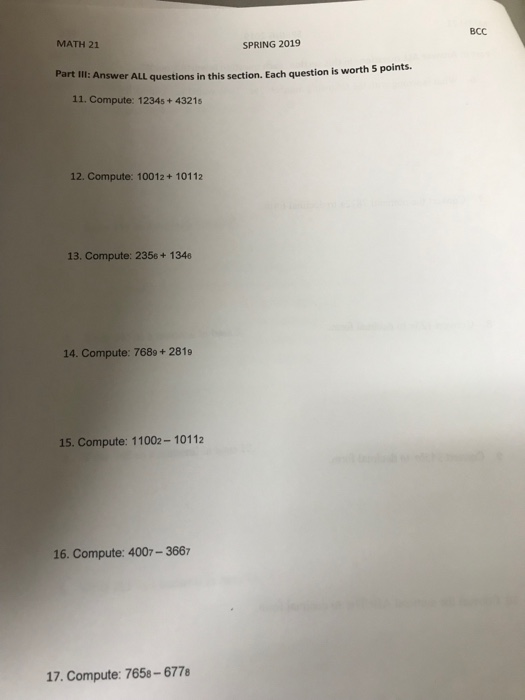 Solved BCC MATH 21 SPRING 2019 Part II: Answer ALL questions | Chegg.com