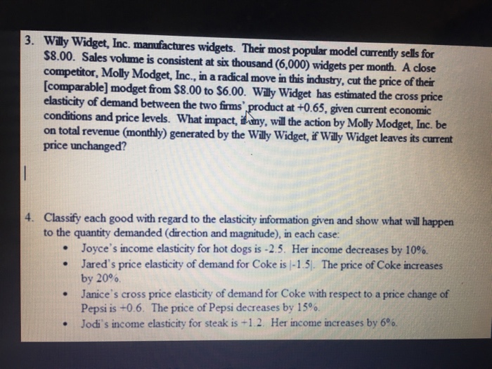 Solved 3. Willy Widget, Inc. manufactures widgets. Their