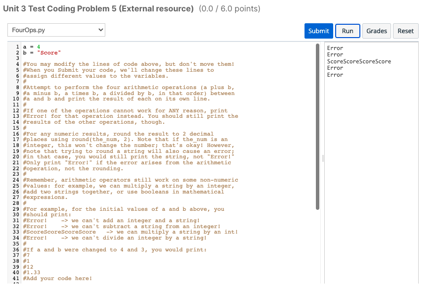 Solved Unit 3 Test Coding Problem 4 (External resource) (6.0 | Chegg.com