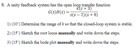 Solved 6. A unity feedback system has the open loop transfer | Chegg.com