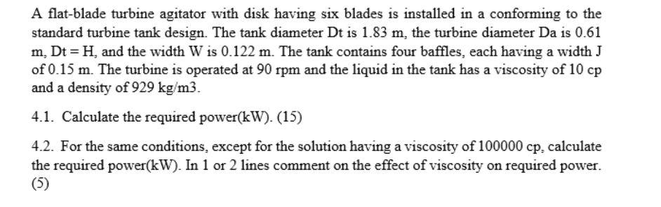 A flat-blade turbine agitator with disk having six blades is installed in a conforming to the standard turbine tank design. T