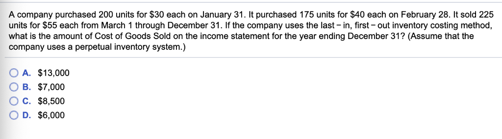 Solved A company purchased 200 units for $30 each on January | Chegg.com