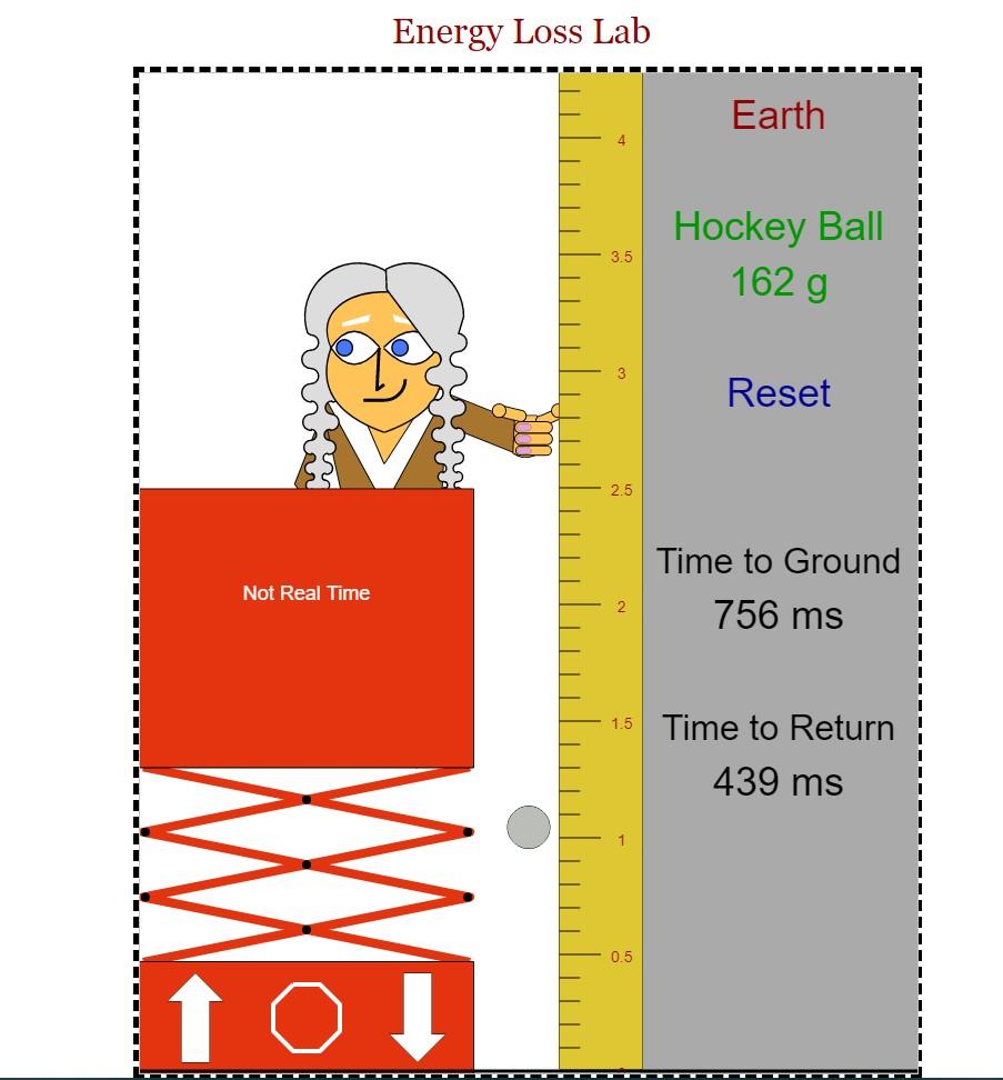Energy Loss Lab
Earth
4
Hockey Ball
3.5
162 g
Reset
2.5
Time to Ground
Not Real Time
2
756 ms
1.5
Time to Return
439 ms
0.5
t