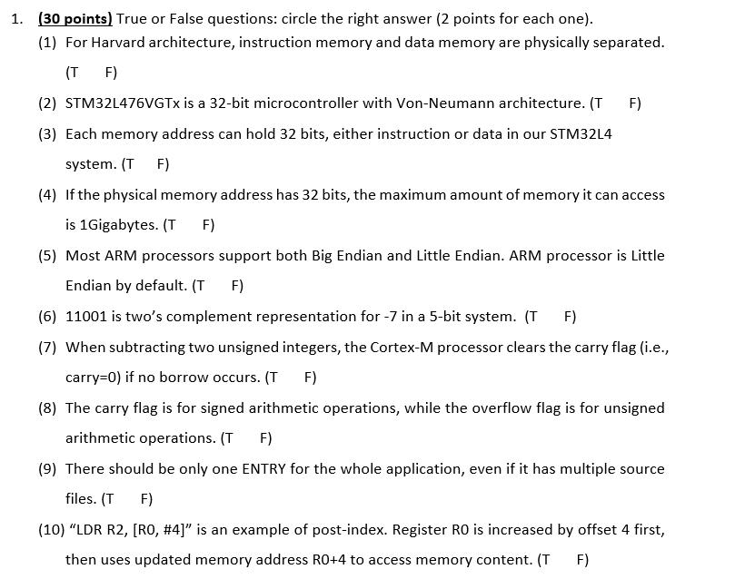 Solved 1. (30 points) True or False questions circle the