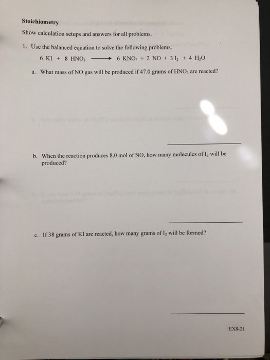 Solved Stoichiometry Show calculation setups and answers for | Chegg.com