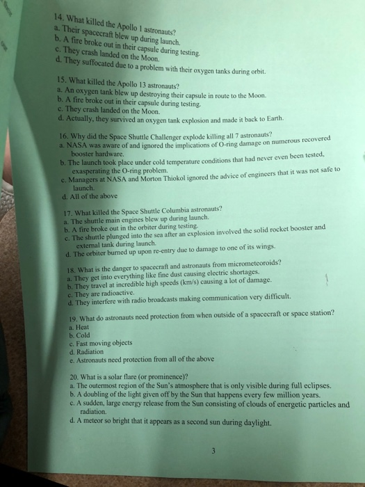 Solved 14. What Killed The Apollo 1 Astronauts? A. Their 