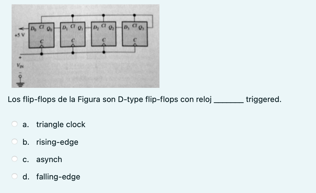 Los flip-flops de la Figura son D-type flip-flops con reloj triggered. a. triangle clock b. rising-edge c. asynch d. falling-