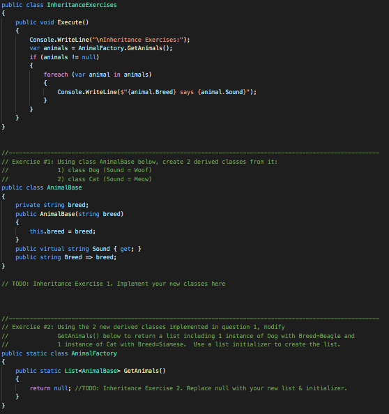Solved Please provide code in C# *****TODO: Inheritance | Chegg.com