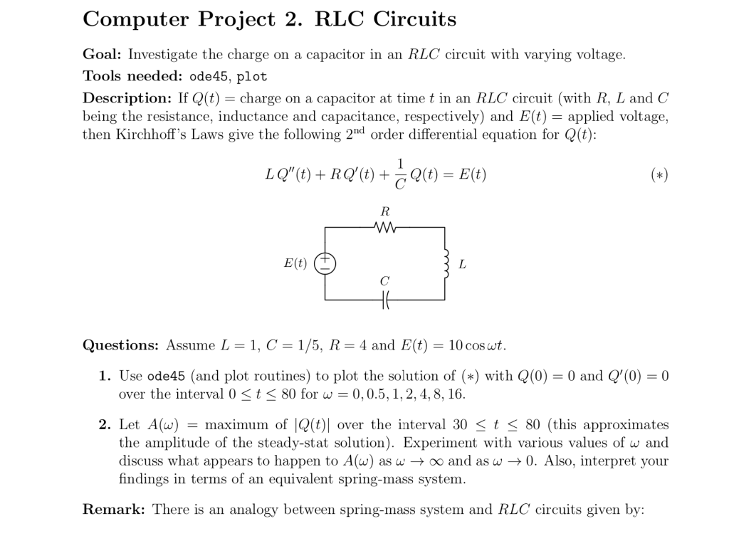 Solved Computer Project 2. RLC Circuits Goal: Investigate | Chegg.com
