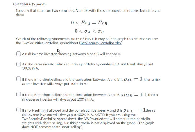 Solved Suppose That There Are Two Securities, A And B, With | Chegg.com