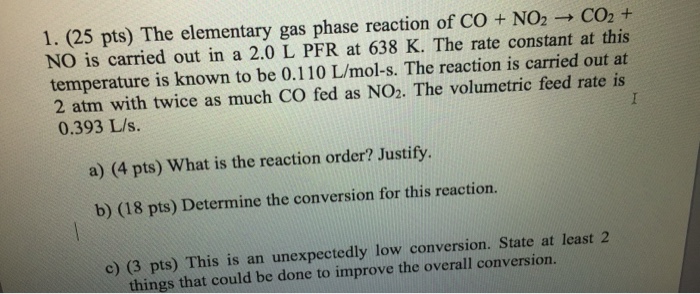 Solved I. (25 pts) The elementary gas phase reaction of CO + | Chegg.com