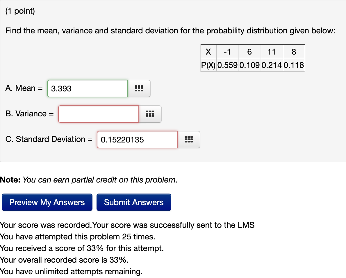 Solved (1 point) Find the mean, variance and standard | Chegg.com