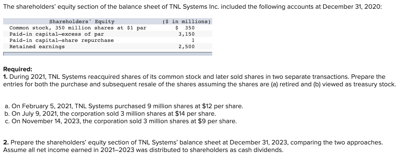 Solved The Shareholders' Equity Section Of The Balance Sheet | Chegg.com