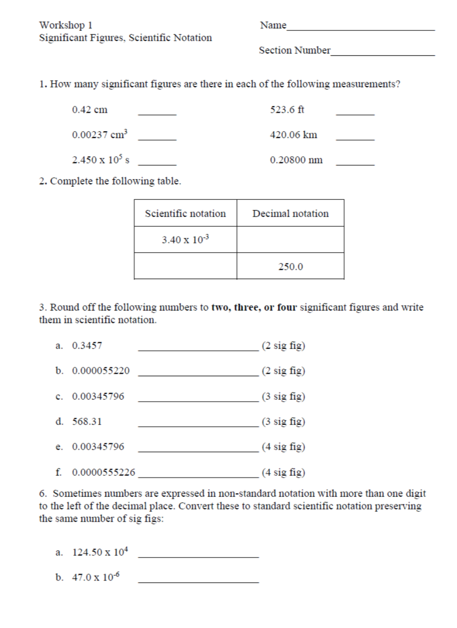 Solved Name Workshop 1 Significant Figures, Scientific | Chegg.com