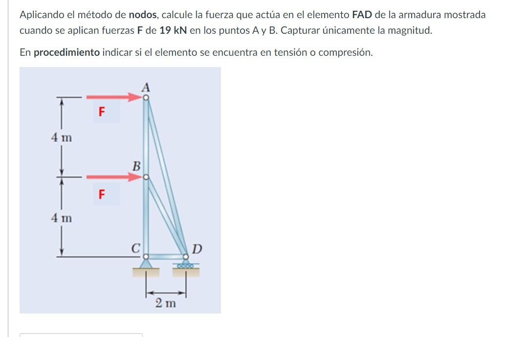 Aplicando el método de nodos, calcule la fuerza que actúa en el elemento FAD de la armadura mostrada cuando se aplican fuerza