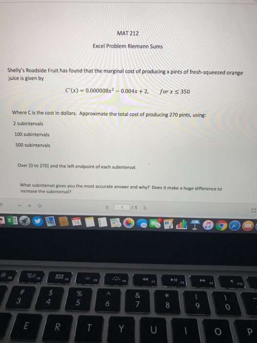 Solved MAT 212 Excel Problem Riemann Sums Shelly's Roadside