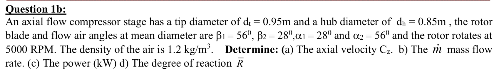 Solved 2 Question 1b: An axial flow compressor stage has a | Chegg.com