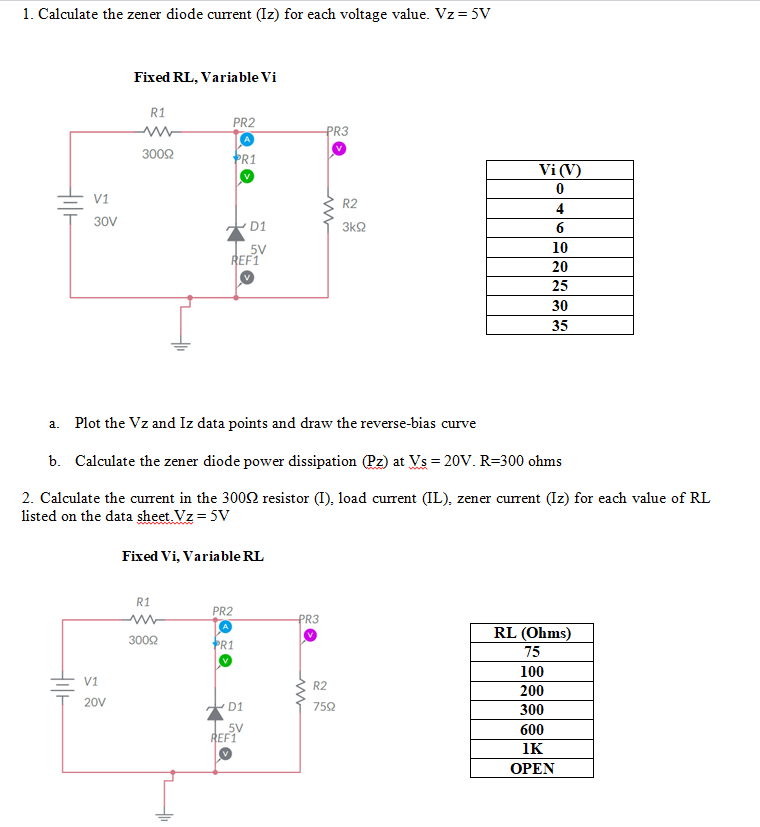 Solved 1. Calculate the zener diode current (Iz) for each