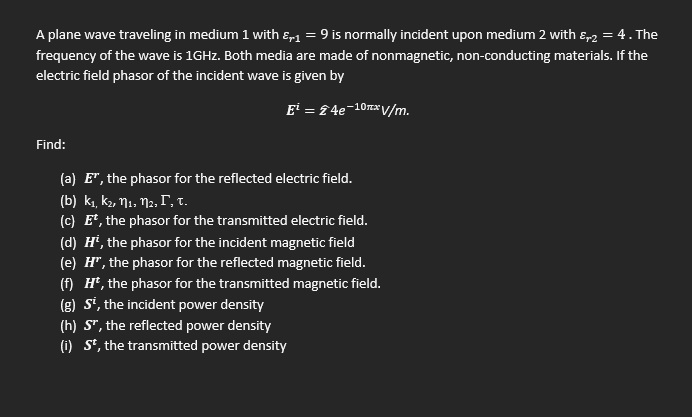 Solved A plane wave traveling in medium 1 with εr1=9 is | Chegg.com