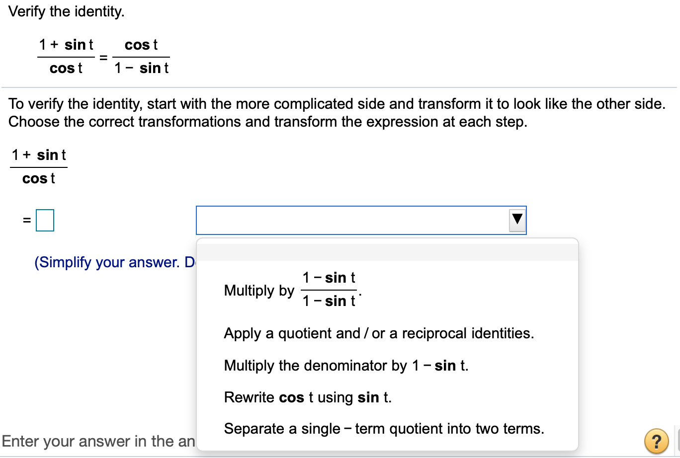 Solved Verify the identity. 1 + sint cost cost sint To | Chegg.com