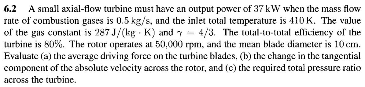 Solved 6.2 A small axial-flow turbine must have an output | Chegg.com