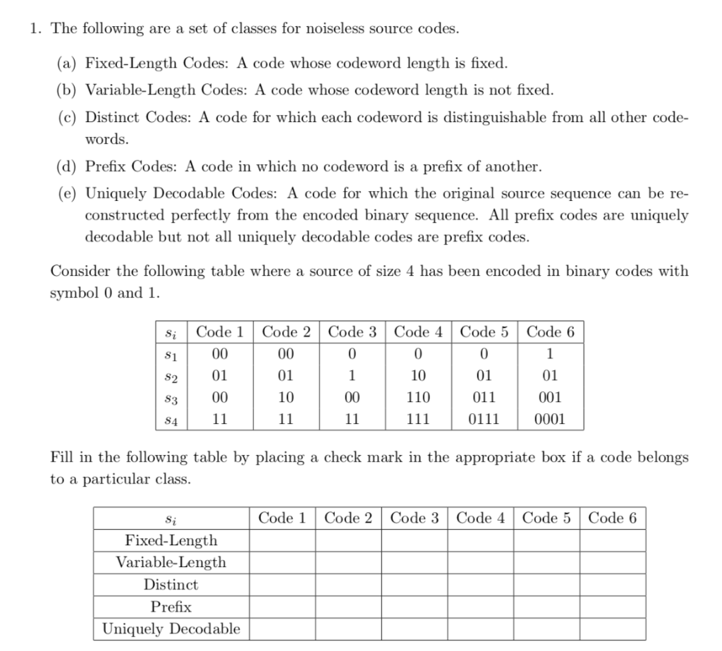 Solved 1. The following are a set of classes for noiseless | Chegg.com