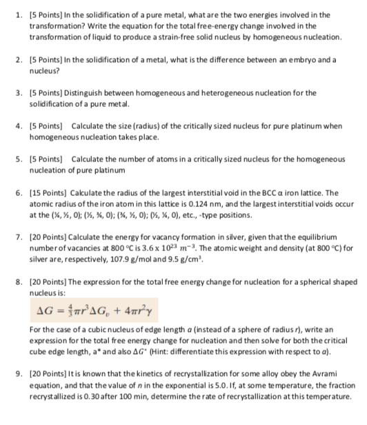 5 Points In The Solidification Of A Pure Metal Chegg Com