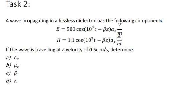 Solved Task 2: A wave propagating in a lossless dielectric | Chegg.com