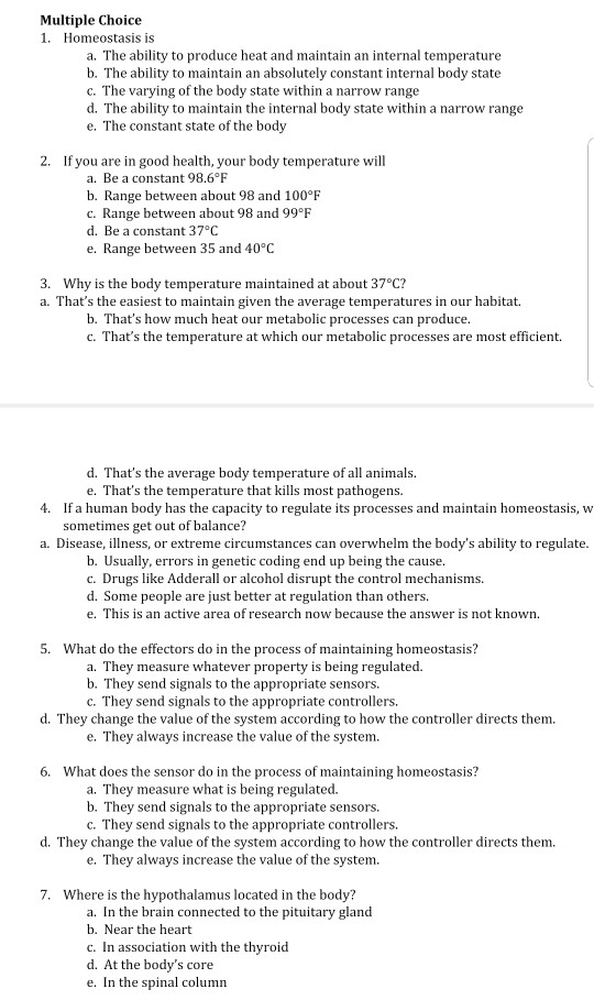 Solved Multiple Choice 1. Homeostasis is a. The ability to