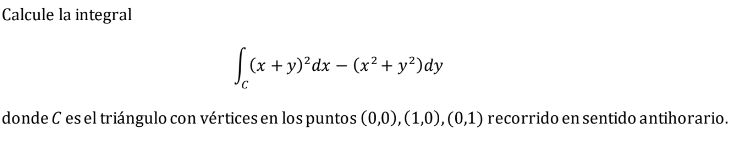 Calcule la integral \[ \int_{C}(x+y)^{2} d x-\left(x^{2}+y^{2}\right) d y \] donde \( C \) es el triángulo con vértices en lo