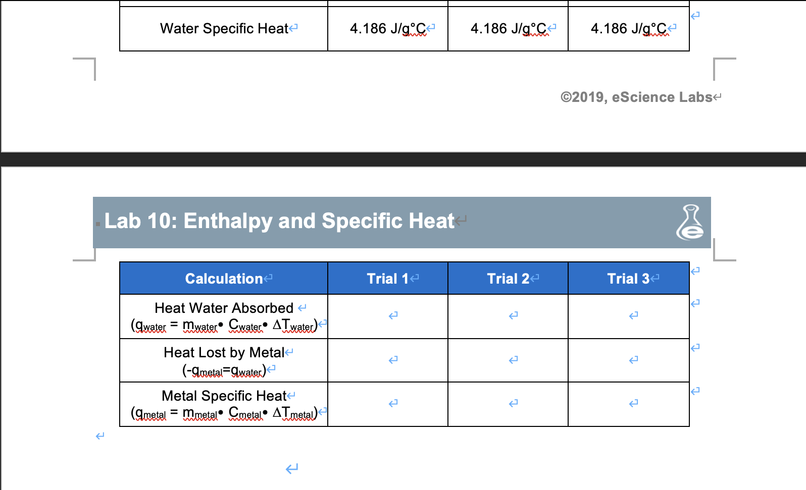 2019, eScience Labs Lab 10 Enthalpy and Specific