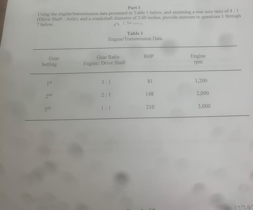Solved Part 1 Using the engine/transmission data presented | Chegg.com