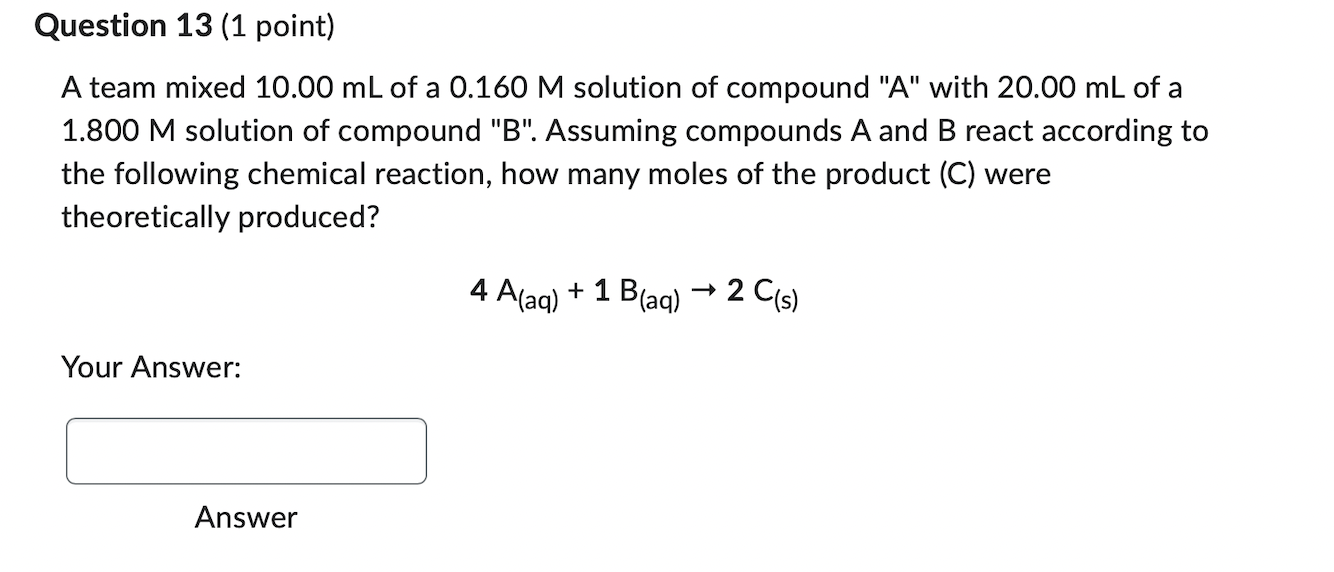 Solved A team mixed 10.00 mL of a 0.160M solution of | Chegg.com