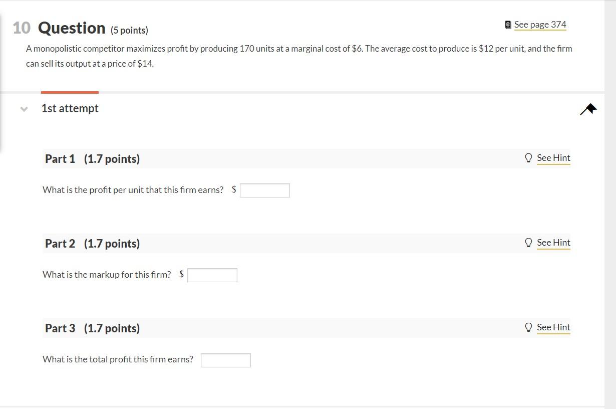 Solved e See page 374 10 Question (5 points) A monopolistic | Chegg.com