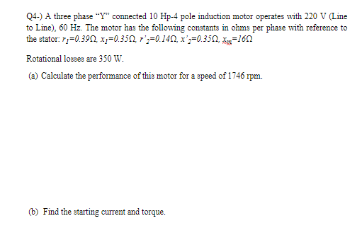 Solved 04-) A three phase "Y" connected 10 Hp-4 pole | Chegg.com