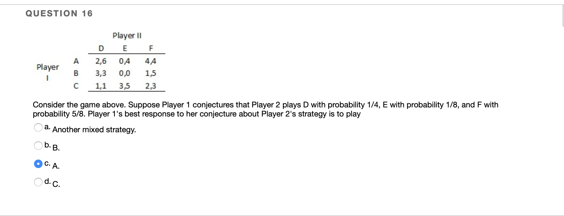 Solved Question 16 Player Ii De F 2 6 0 4 4 4 3 3 0 0 1 5 Chegg Com