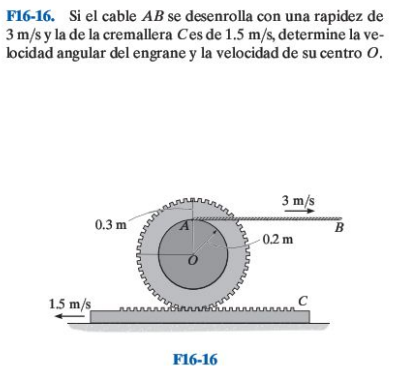 F16-16. Si el cable \( A B \) se desenrolla con una rapidez de \( 3 \mathrm{~m} / \mathrm{s} \) y la de la cremallera \( C \)