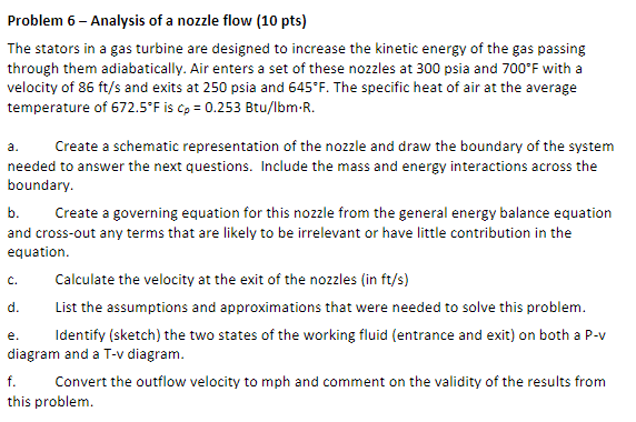 Solved Problem 6 - Analysis of a nozzle flow (10 pts) The | Chegg.com