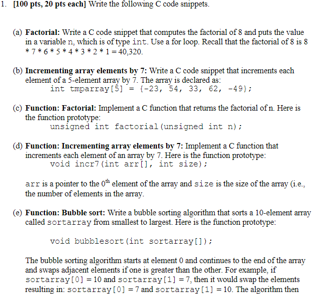 Solved [100 pts, 20 pts each] Write the following C code | Chegg.com