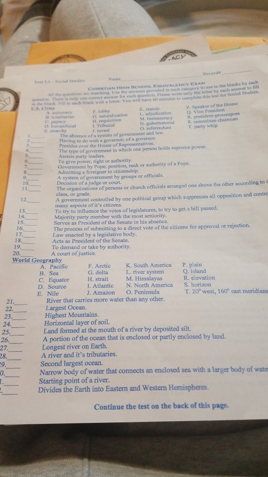 Solved ACY AW 16. CHRISTIAN HIGH SCHOOL EQUIVALENCY EXA...