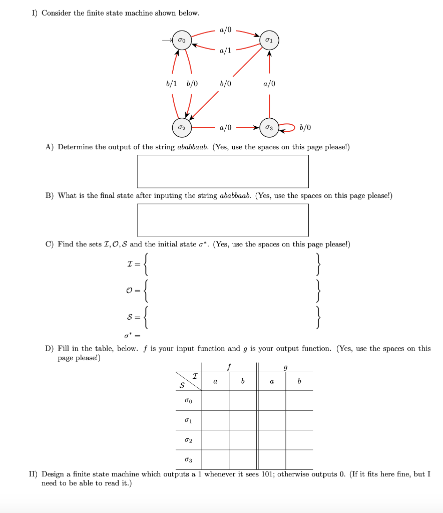 Solved I) Consider The Finite State Machine Shown Below. A/0 | Chegg.com
