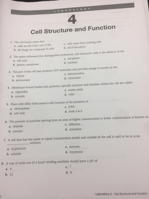 Solved LABORATORY 4 Cell Structure and Functiorn 1. The cell | Chegg.com