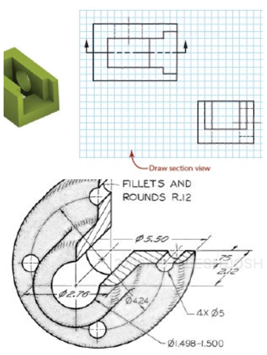 Solved Draw section vieww -FILLETS AND ROUNDS R.12 の424 | Chegg.com