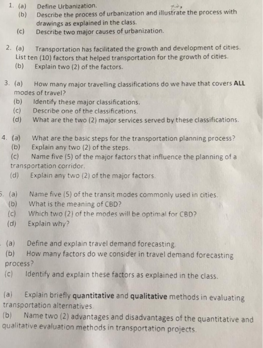 Solved 1. (a) Define Urbanization. (b) (c) 2. (a) Describe | Chegg.com