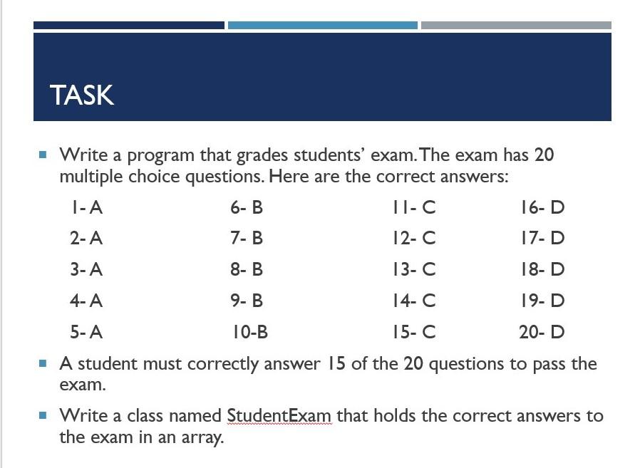 Solved TASK • Write a program that grades students' exam. | Chegg.com
