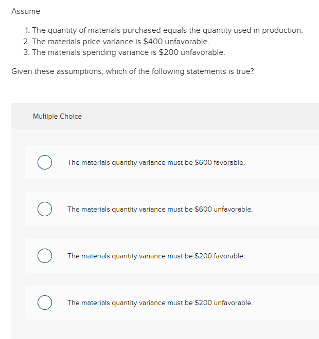 Solved Assume 1. The quantity of materials purchased equals