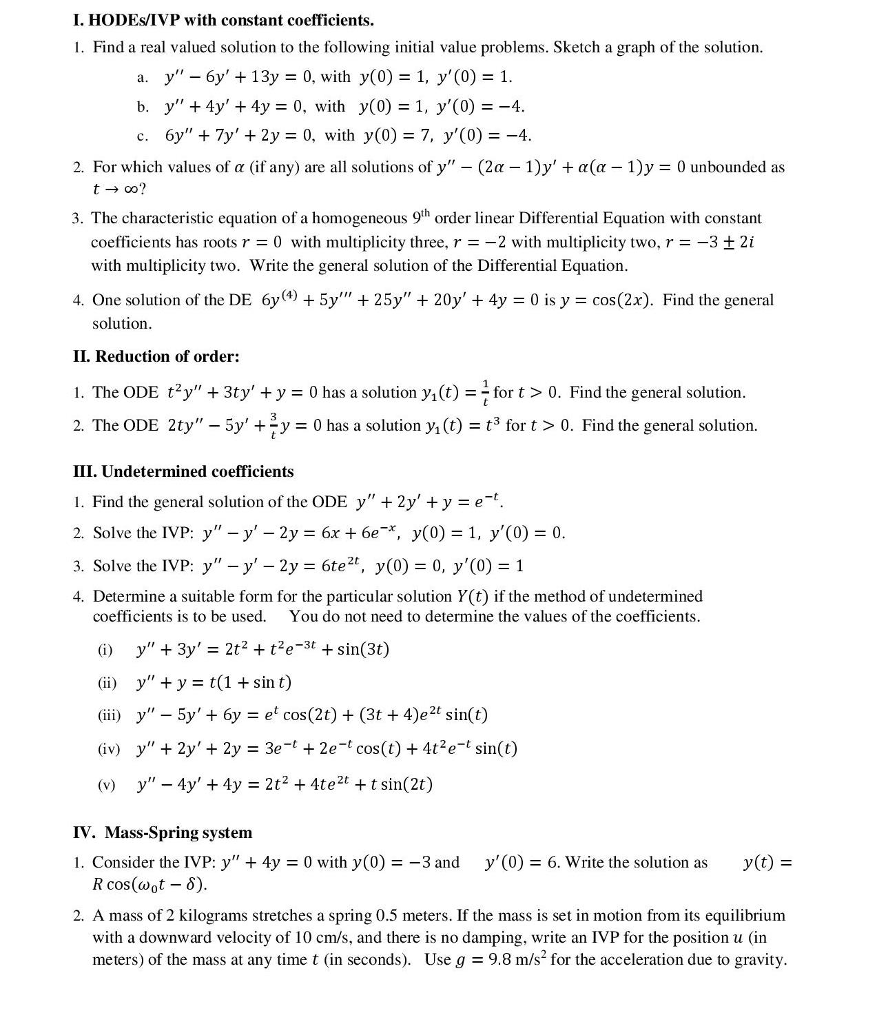 Solved I. HODEs/IVP with constant coefficients. . Find a | Chegg.com